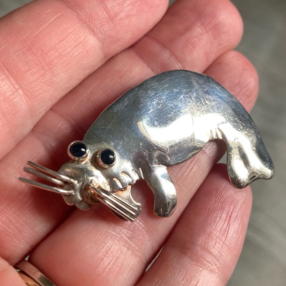 Hand Crafted Jewelry - 925 Manatee Brooch/Pendant Artist-Signed Sterling Silver